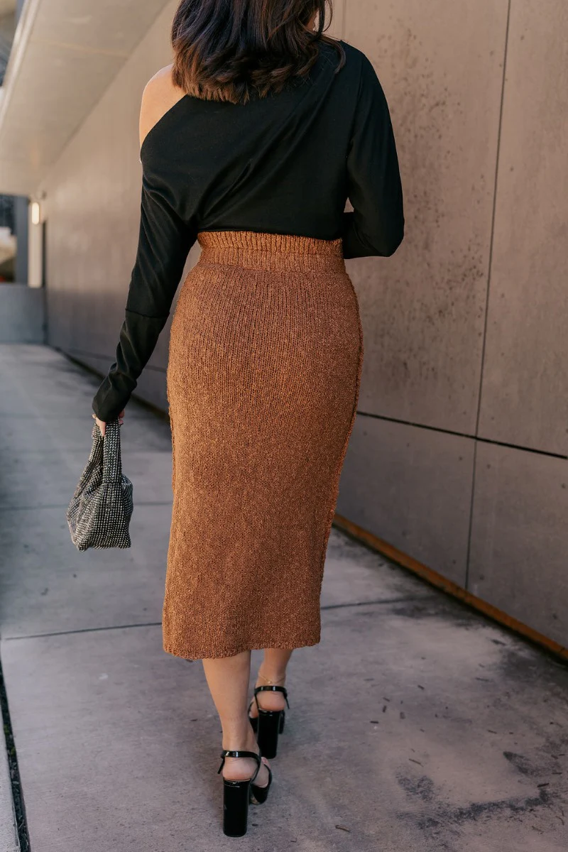 Audrey Light Brown Textured Midi Skirt - Image 7