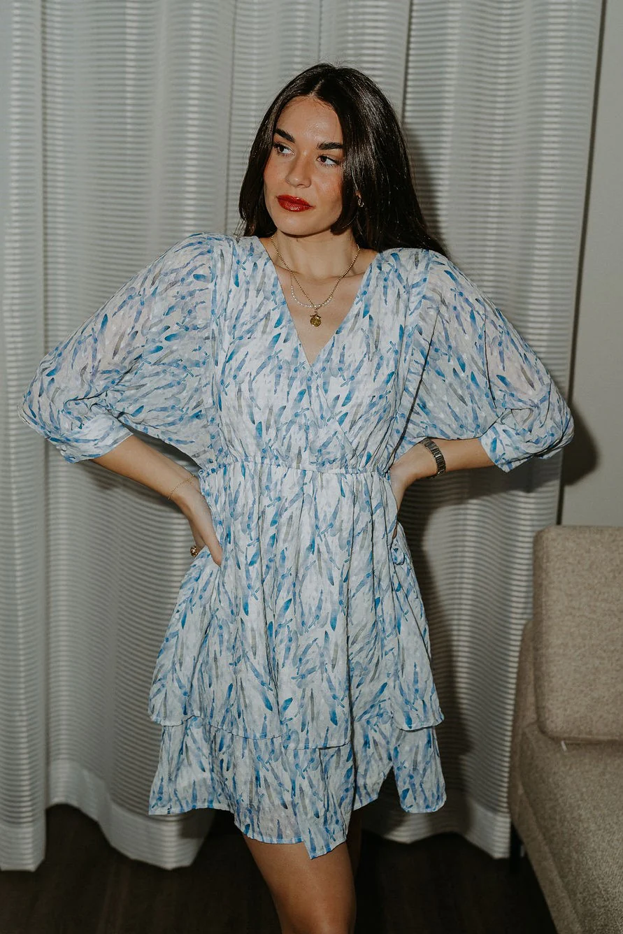 Aurora Ivory & Blue Printed Mini Dress