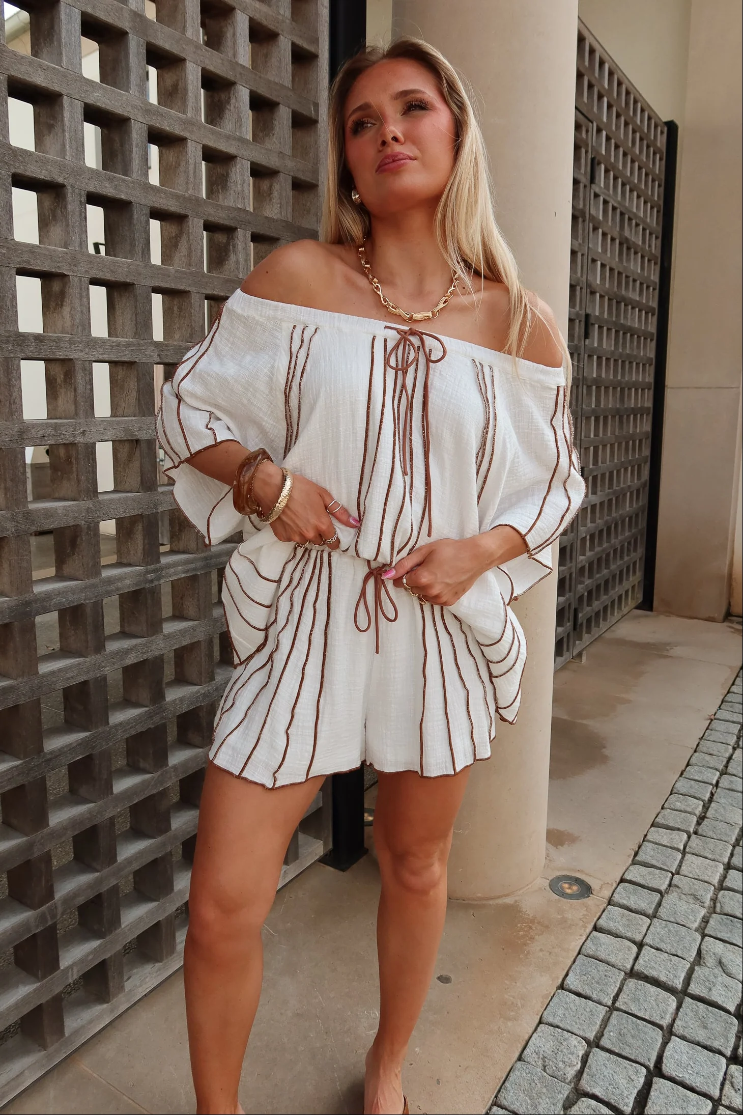 Aurora White & Brown Gauze Off-The-Shoulder Top