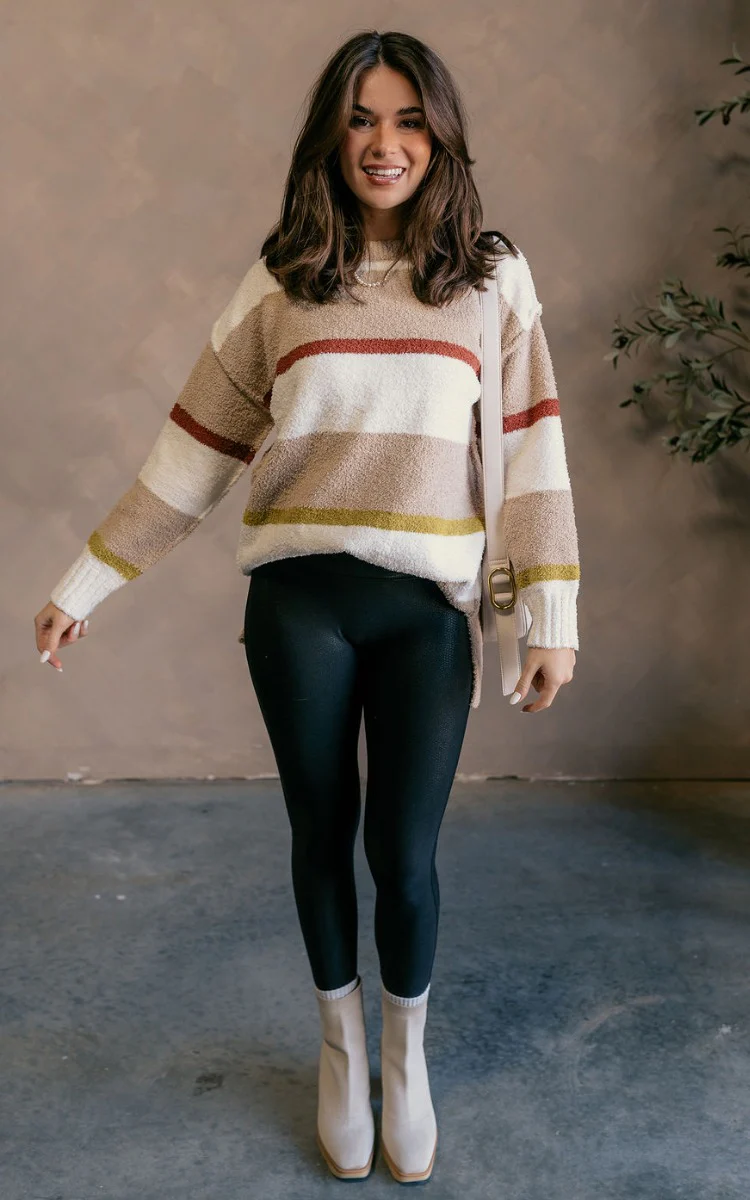 Ava Taupe Multi Striped Long Sleeve Sweater - Image 2