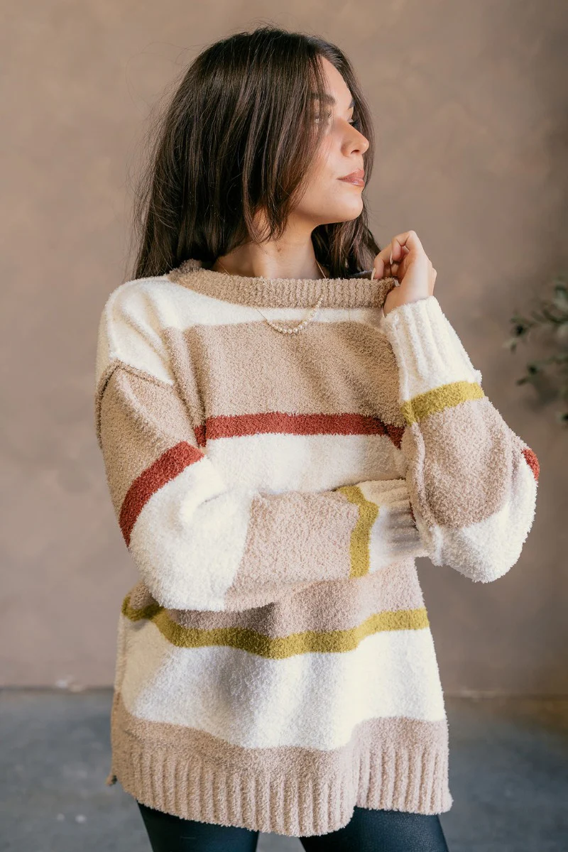 Ava Taupe Multi Striped Long Sleeve Sweater - Image 5