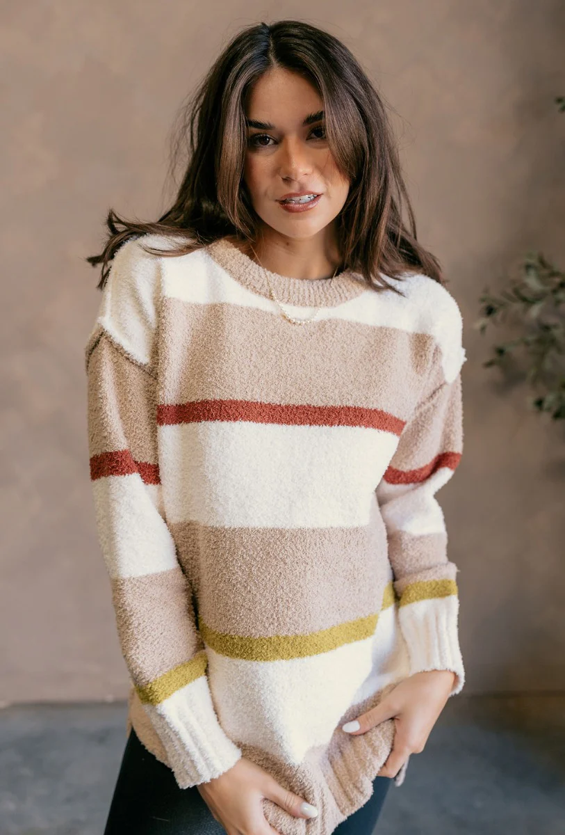 Ava Taupe Multi Striped Long Sleeve Sweater - Image 6