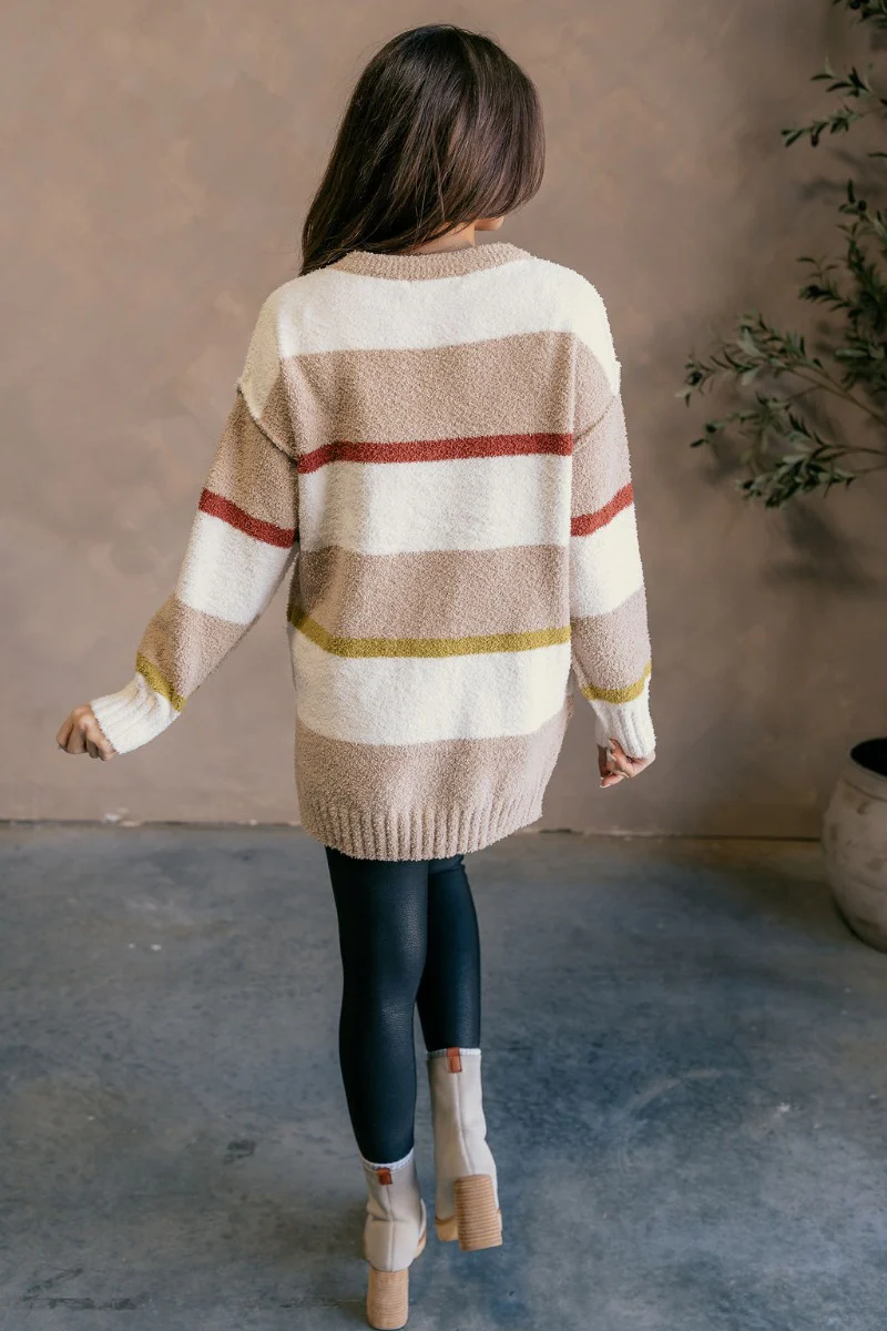 Ava Taupe Multi Striped Long Sleeve Sweater - Image 9