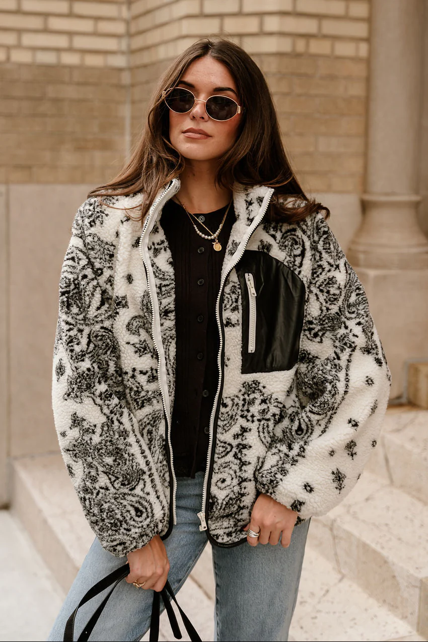 Avery Cream & Black Sherpa Paisley Jacket - Image 9