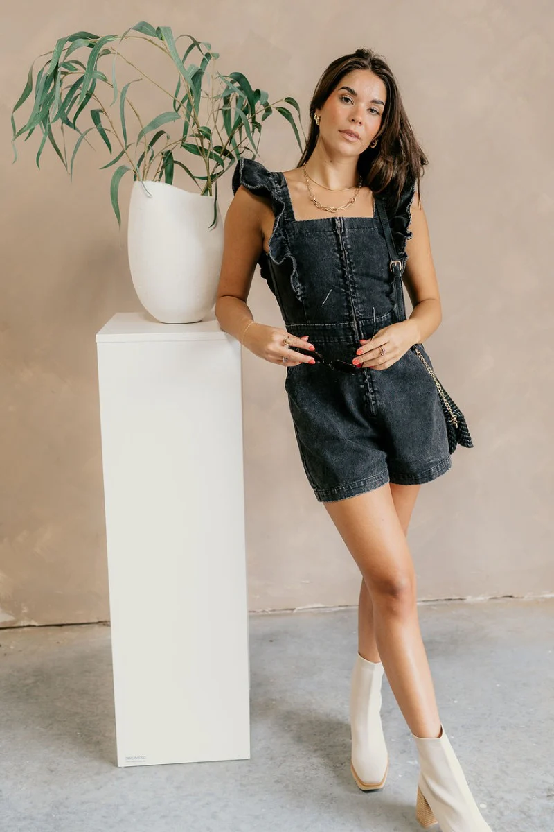 Avril Black Denim Ruffle Sleeveless Romper - Image 2
