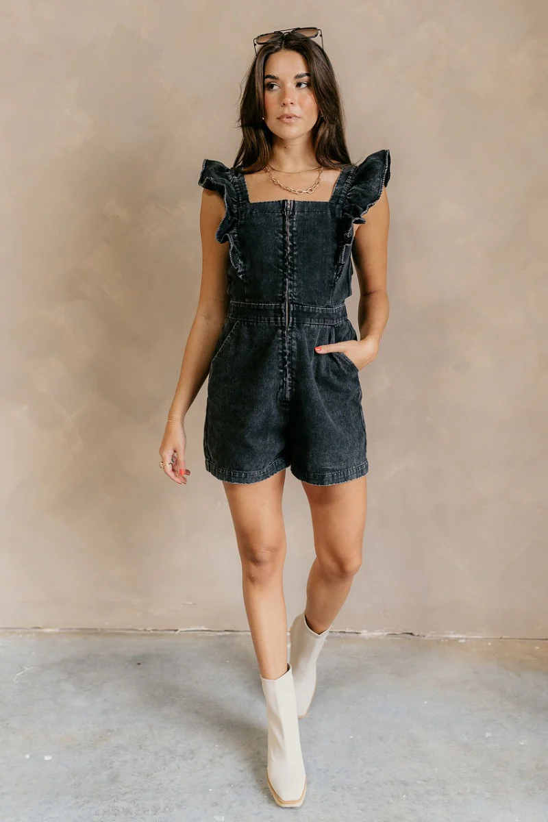Avril Black Denim Ruffle Sleeveless Romper - Image 3