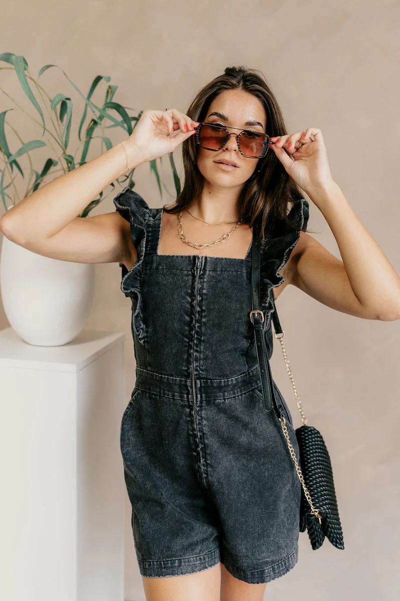 Avril Black Denim Ruffle Sleeveless Romper - Image 4