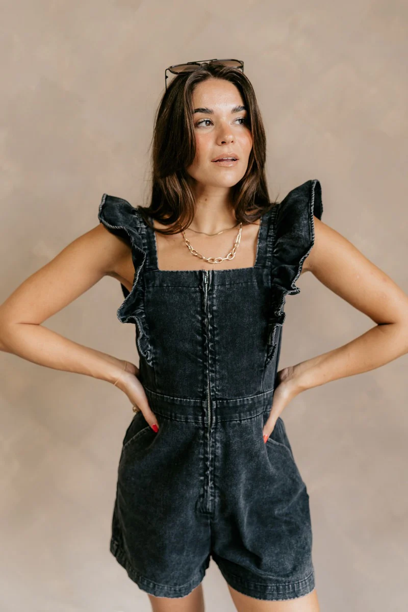 Avril Black Denim Ruffle Sleeveless Romper - Image 5