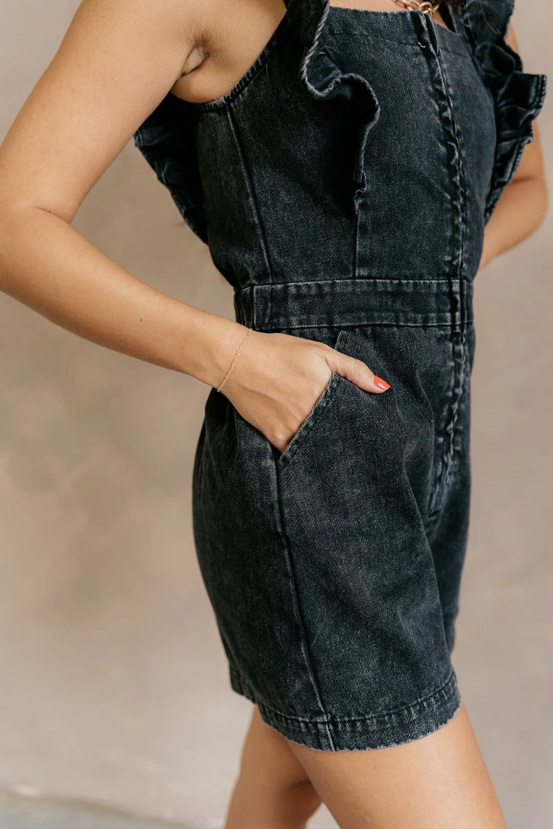 Avril Black Denim Ruffle Sleeveless Romper - Image 7