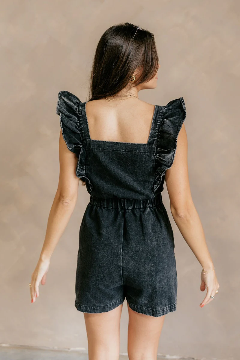 Avril Black Denim Ruffle Sleeveless Romper - Image 8