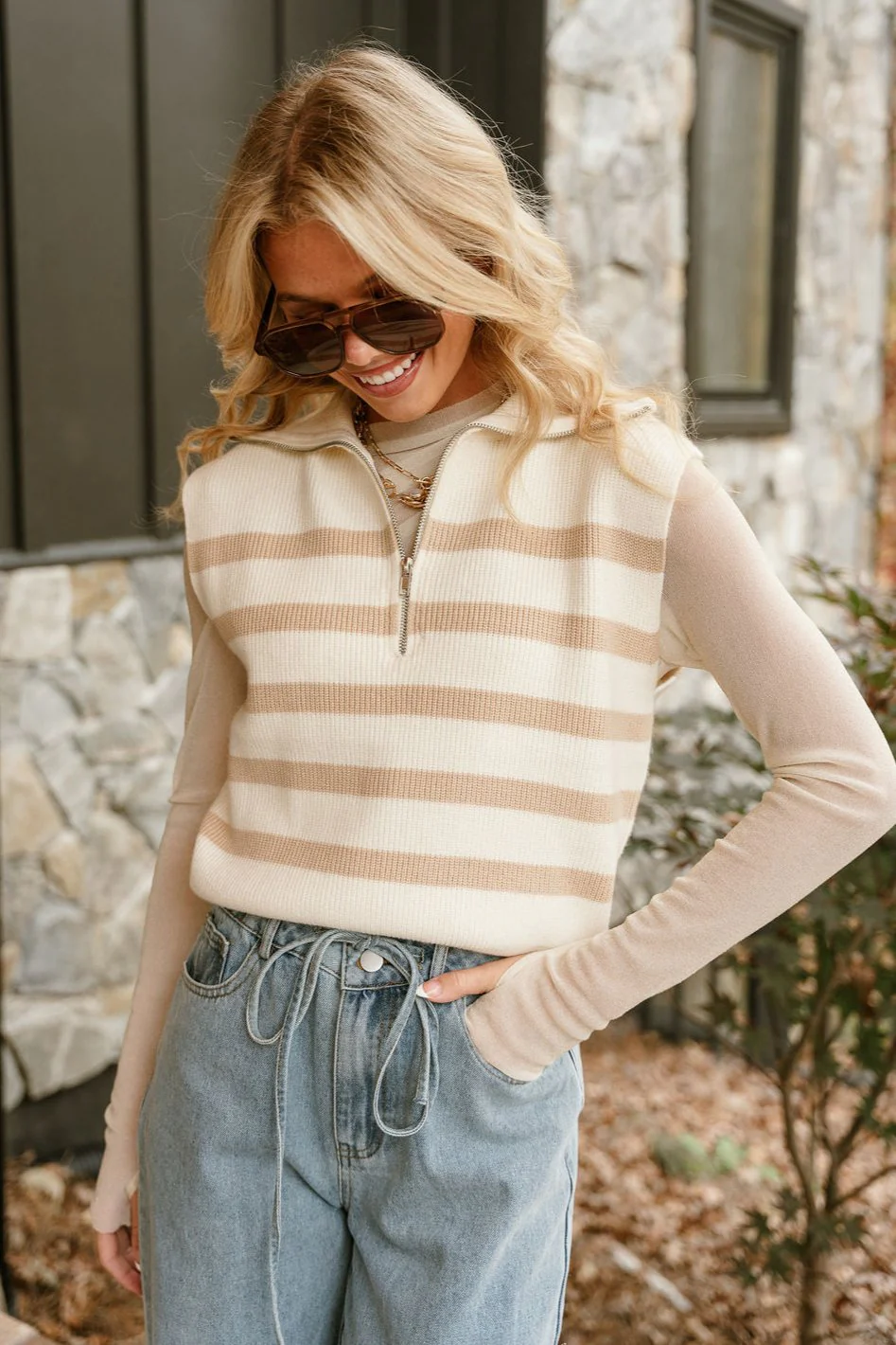 Ayla Cream & Taupe Stripe Sweater Vest - Image 5