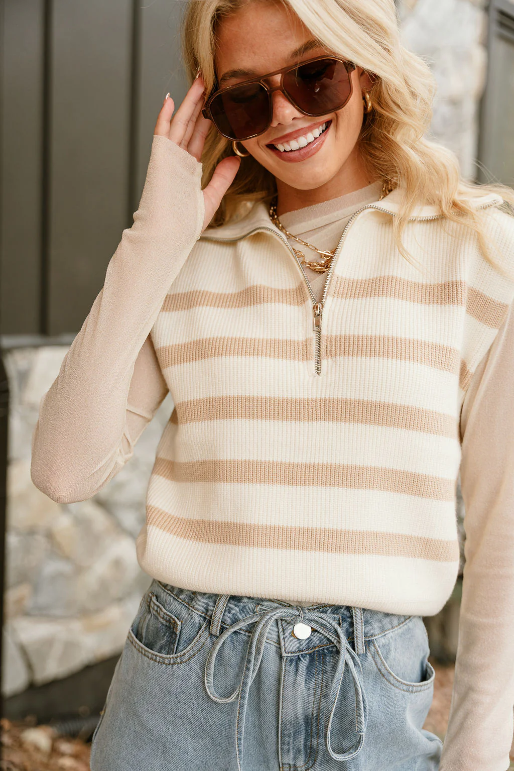 Ayla Cream & Taupe Stripe Sweater Vest - Image 6