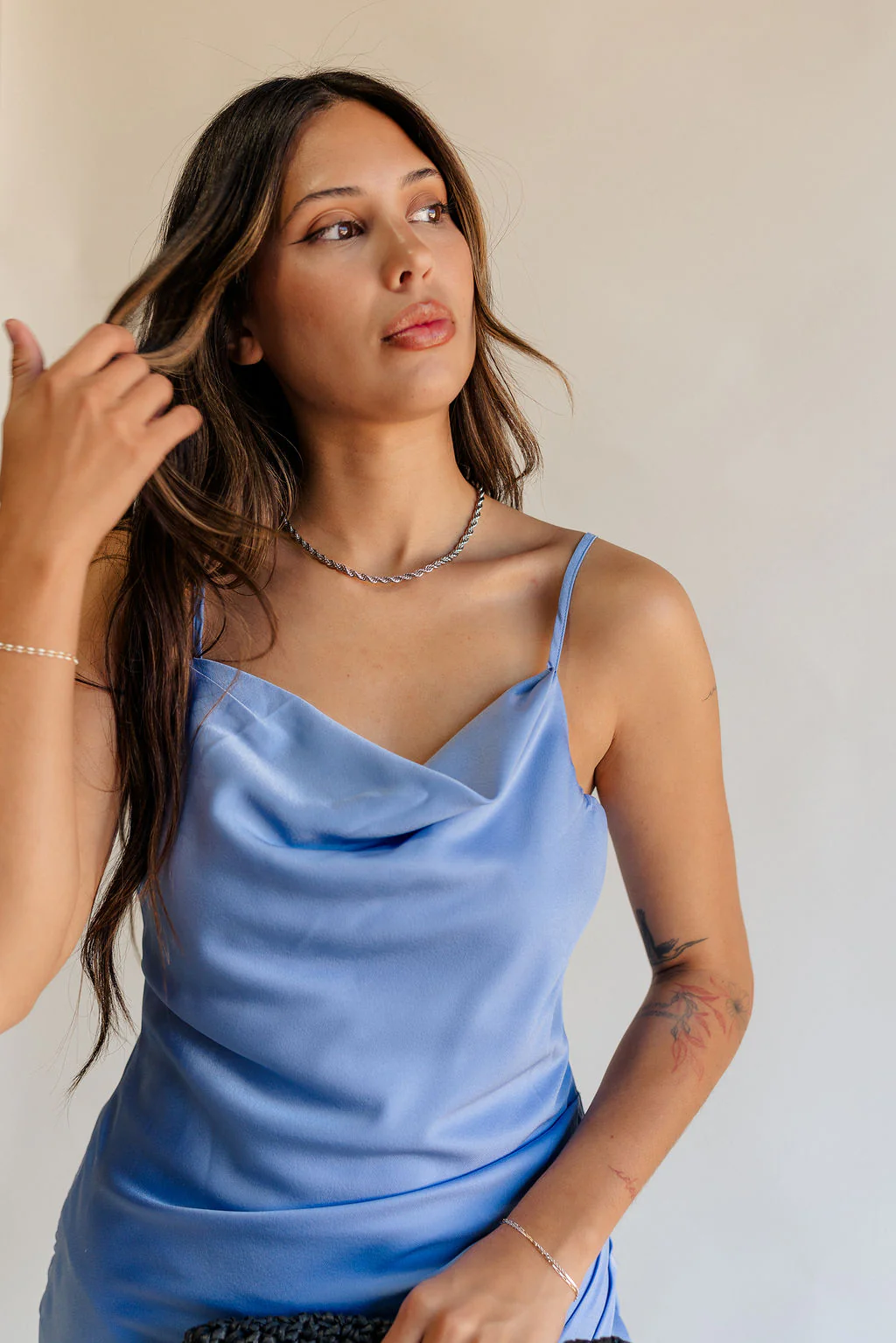 Azlynn Blue Satin Cowl Neckline Dress - Image 3