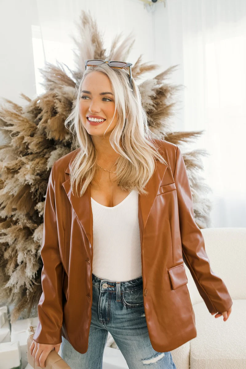 Back To Business Pleather Blazer in Brown - Image 3