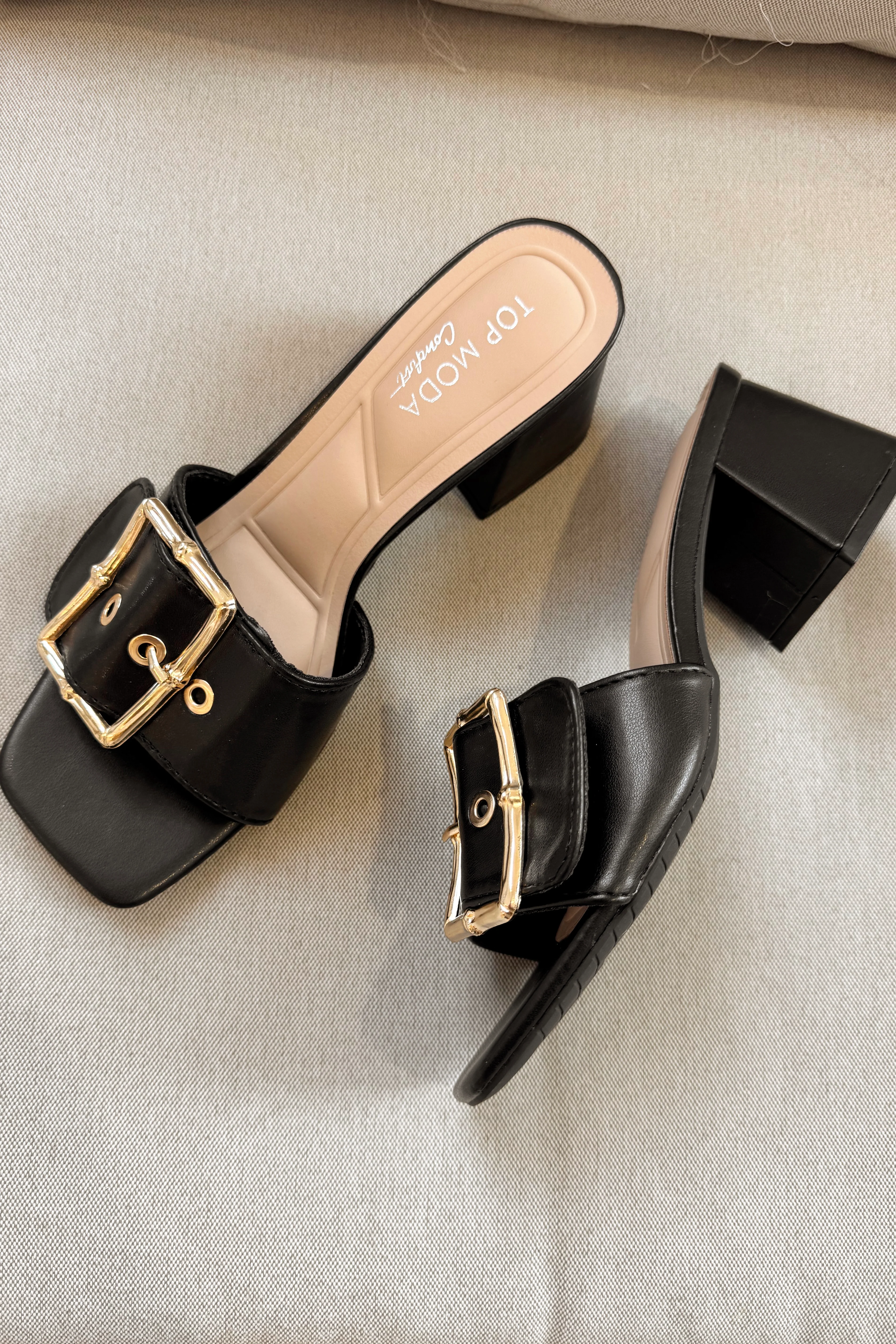 Bamboo Gold & Black Slide On Heel