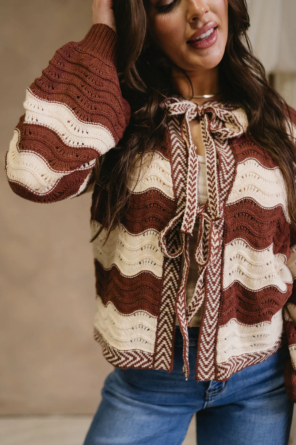 Belinda Brown & Cream Striped Tie Cardigan - Image 3