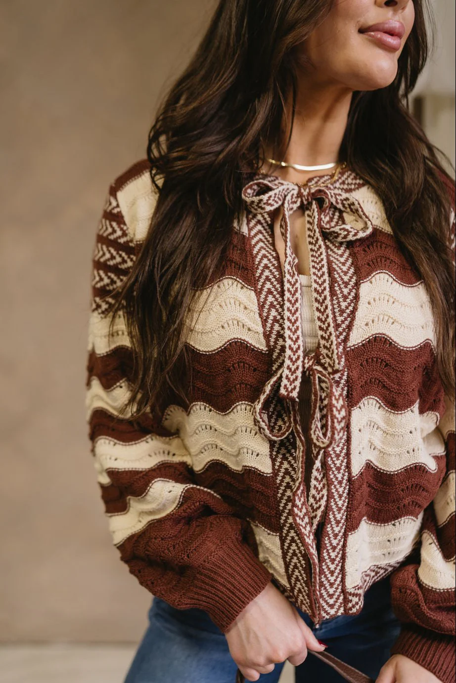 Belinda Brown & Cream Striped Tie Cardigan - Image 5