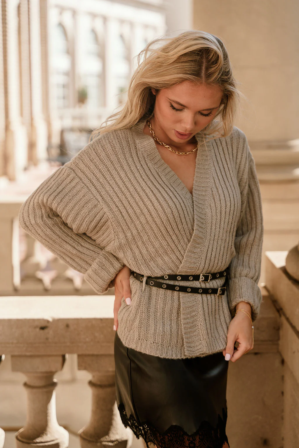 Belinda Warm Grey Belted Cardigan - Image 3