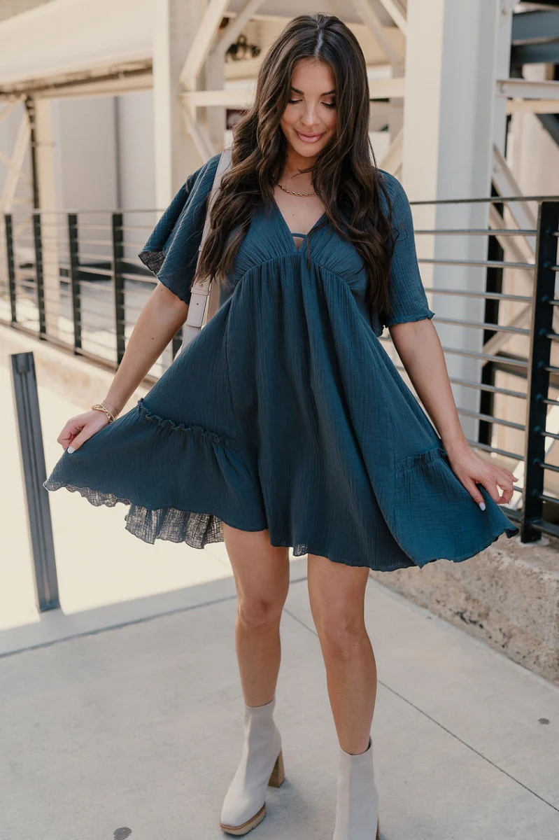 Bella Charcoal Grey Gauze Short Flare Sleeve Dress