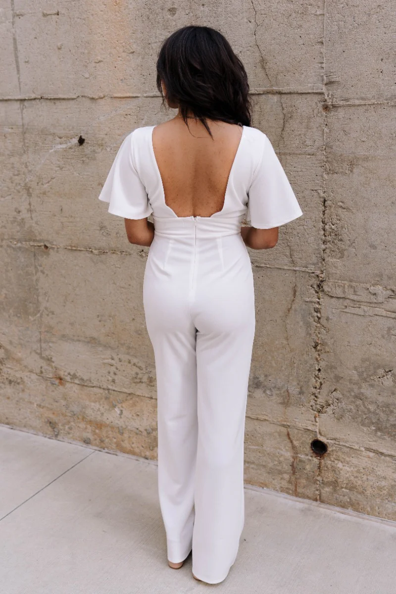 Bella Ivory Plunge Neckline Flare Jumpsuit - Image 11