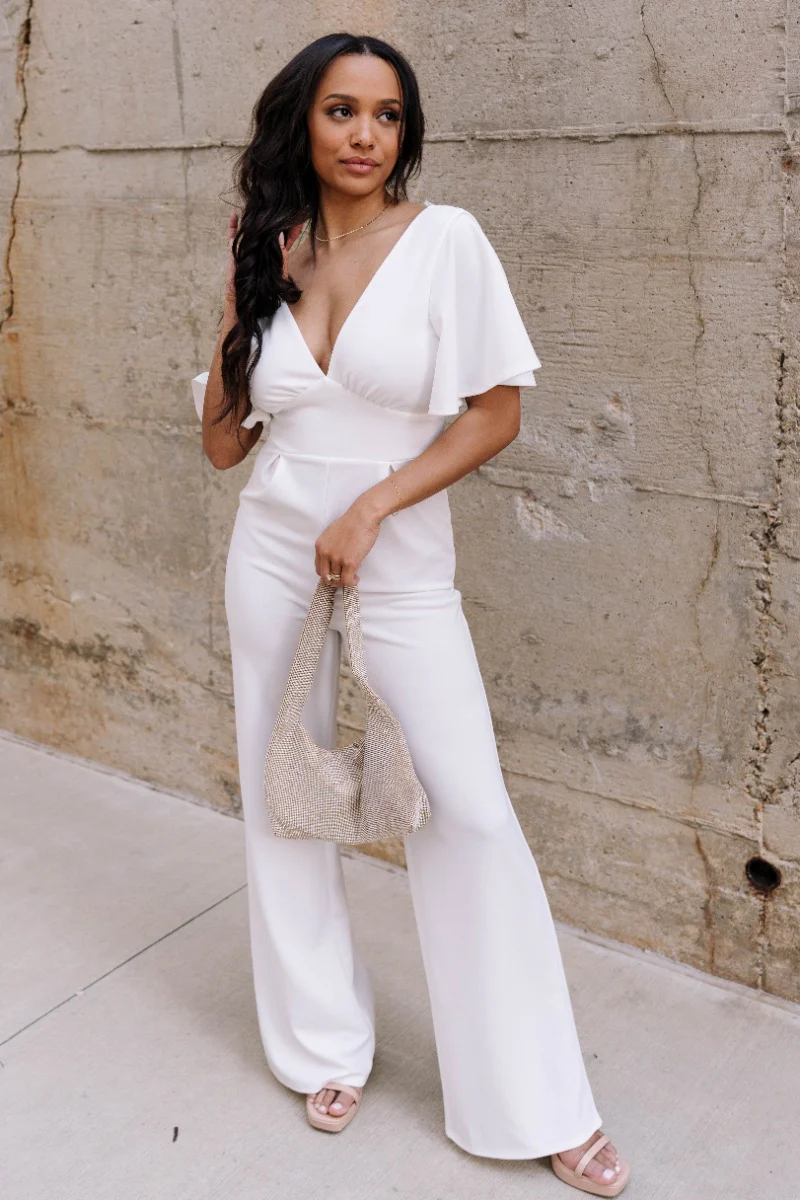 Bella Ivory Plunge Neckline Flare Jumpsuit - Image 2
