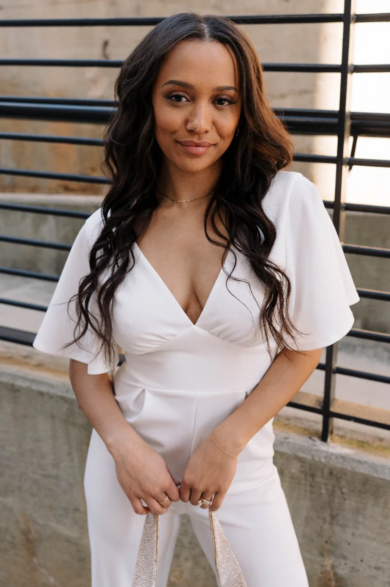 Bella Ivory Plunge Neckline Flare Jumpsuit - Image 3