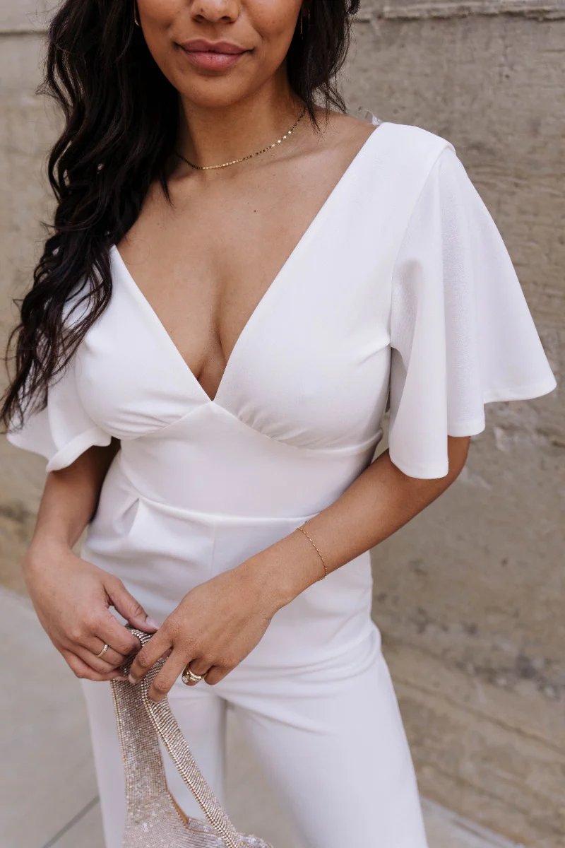 Bella Ivory Plunge Neckline Flare Jumpsuit - Image 5