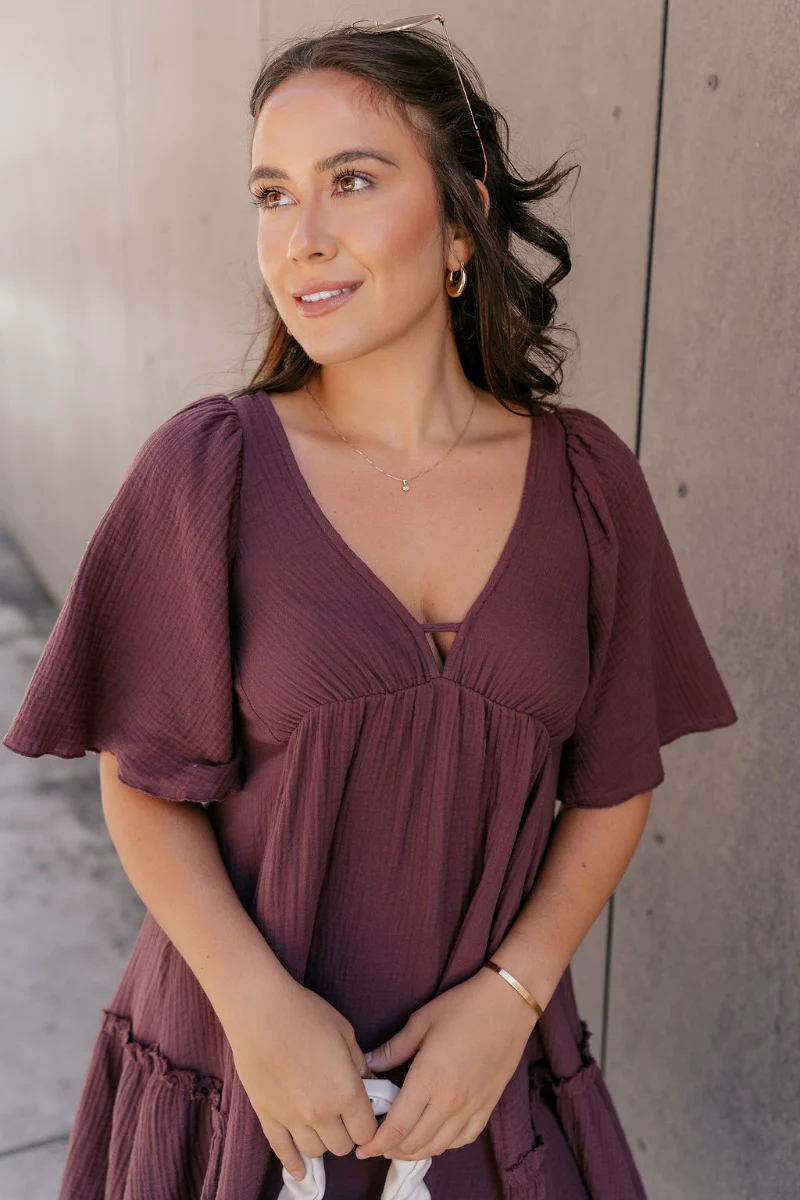 Bella Purple Gauze Short Flare Sleeve Dress - Image 3