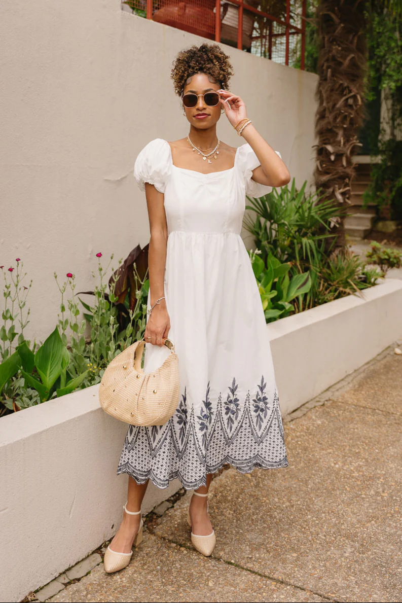 Bethany White & Navy Puff Sleeve Midi Dress