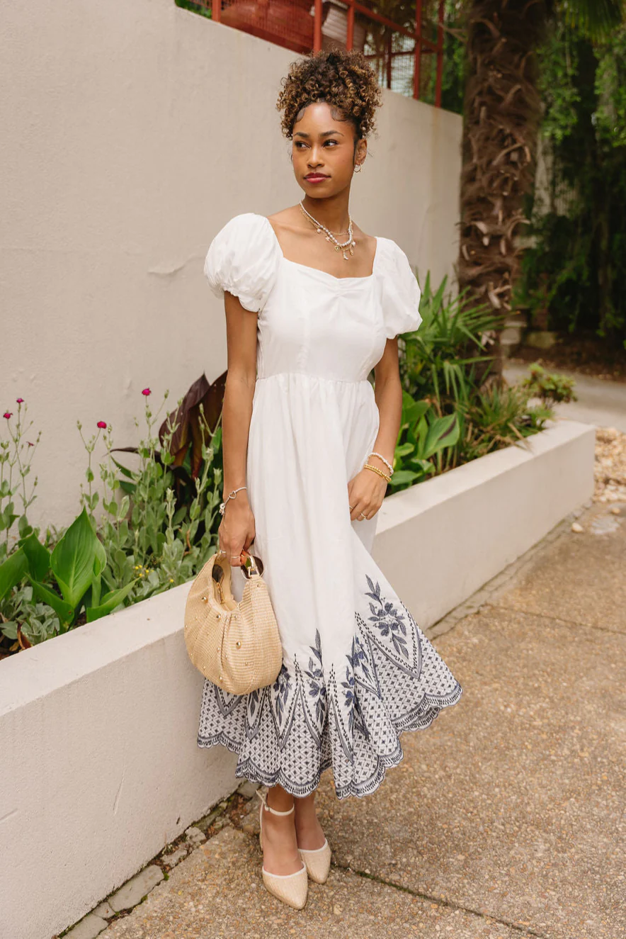 Bethany White & Navy Puff Sleeve Midi Dress - Image 2