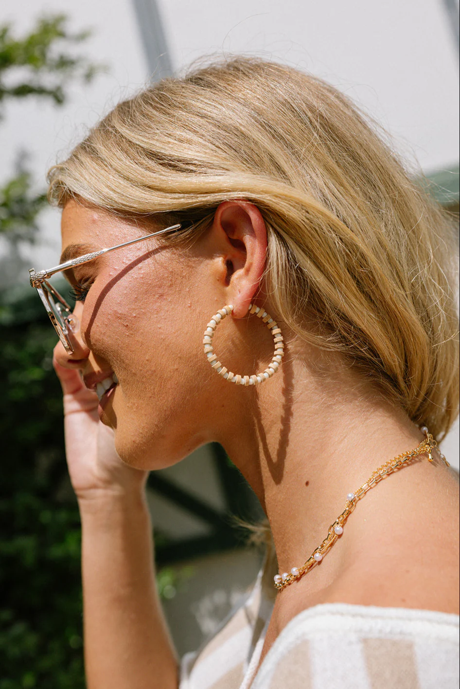 Bethany Wooden & Cream Beaded Hoop Earrings - Image 2