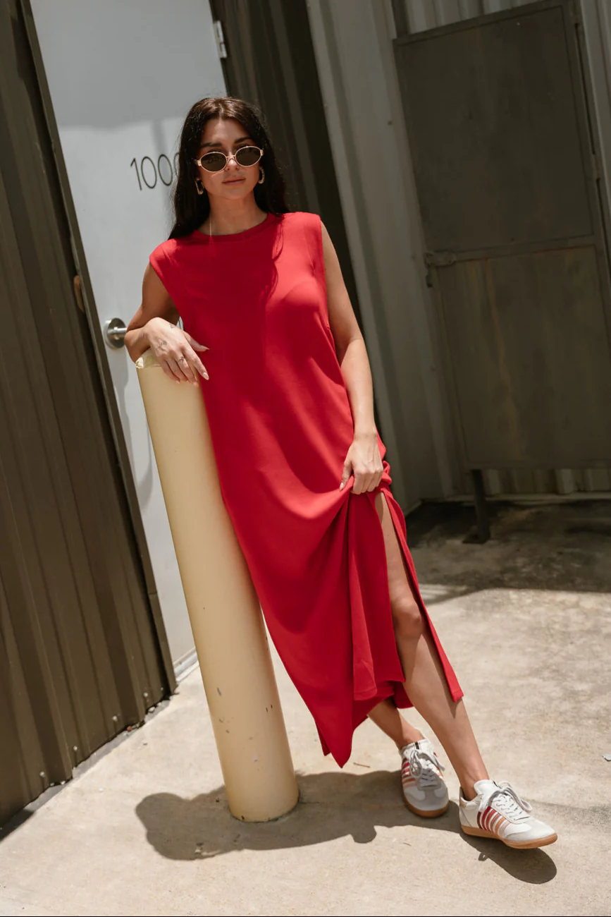 Bianca Red Knit Sleeveless Midi Dress - Image 2