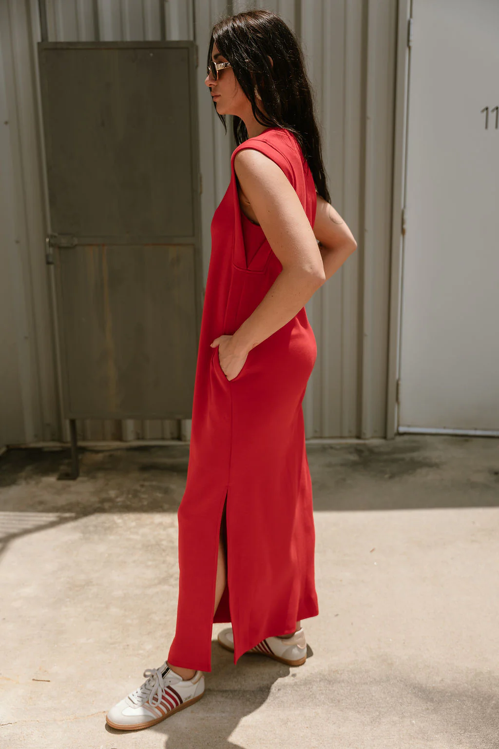 Bianca Red Knit Sleeveless Midi Dress - Image 3
