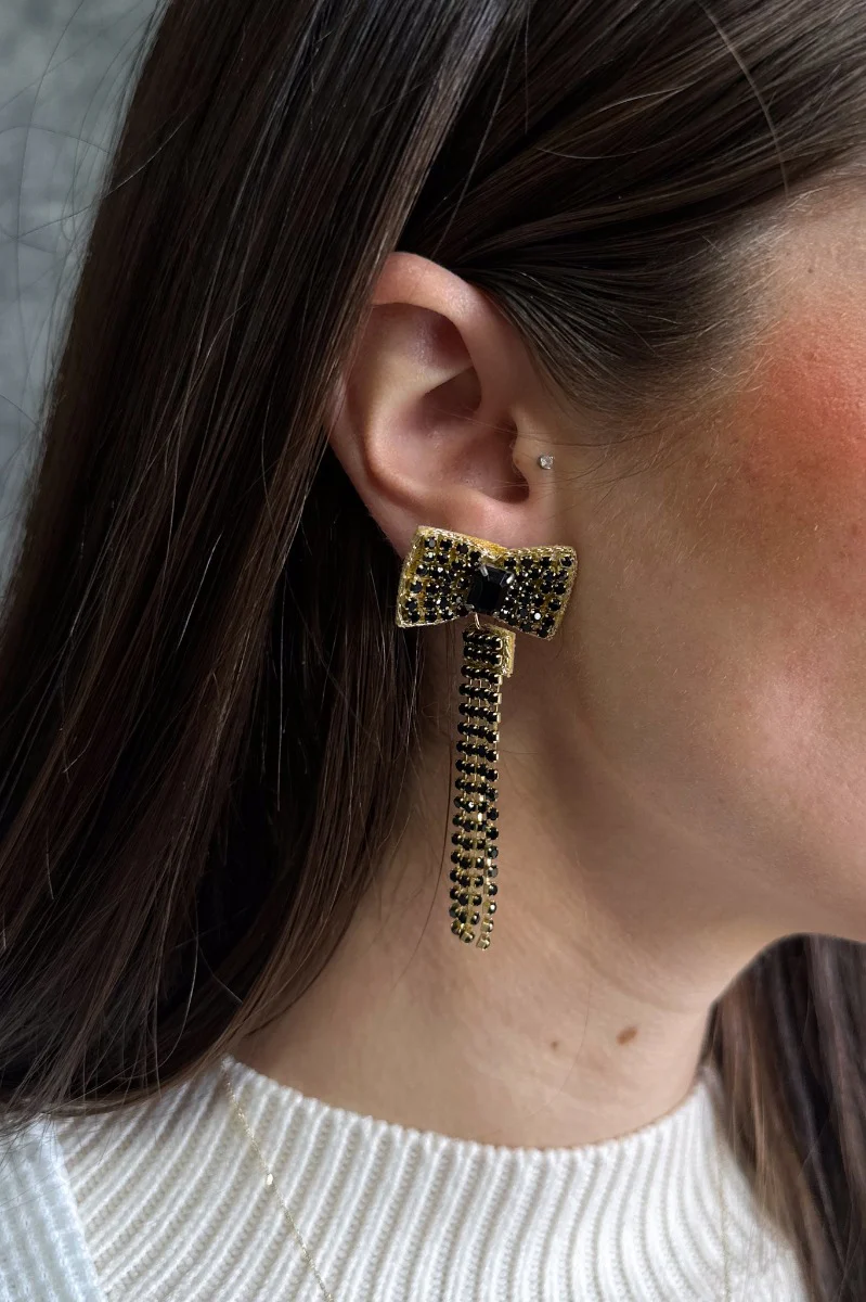 Black Rhinestones Bow Shaped Dangle Earring - Image 2