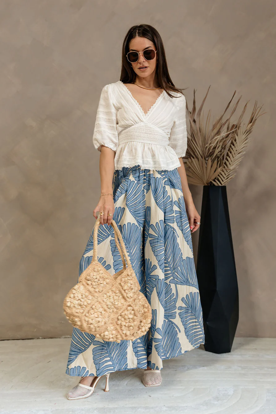 Blair Blue & Cream Palm Leaf Wide Leg Pants