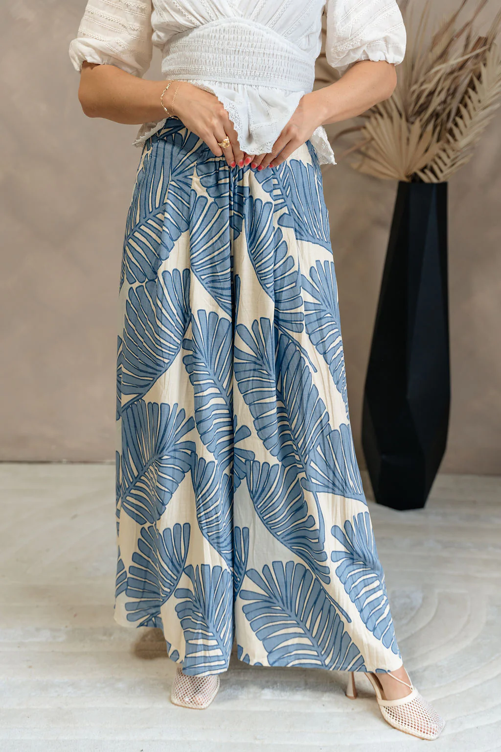 Blair Blue & Cream Palm Leaf Wide Leg Pants - Image 5