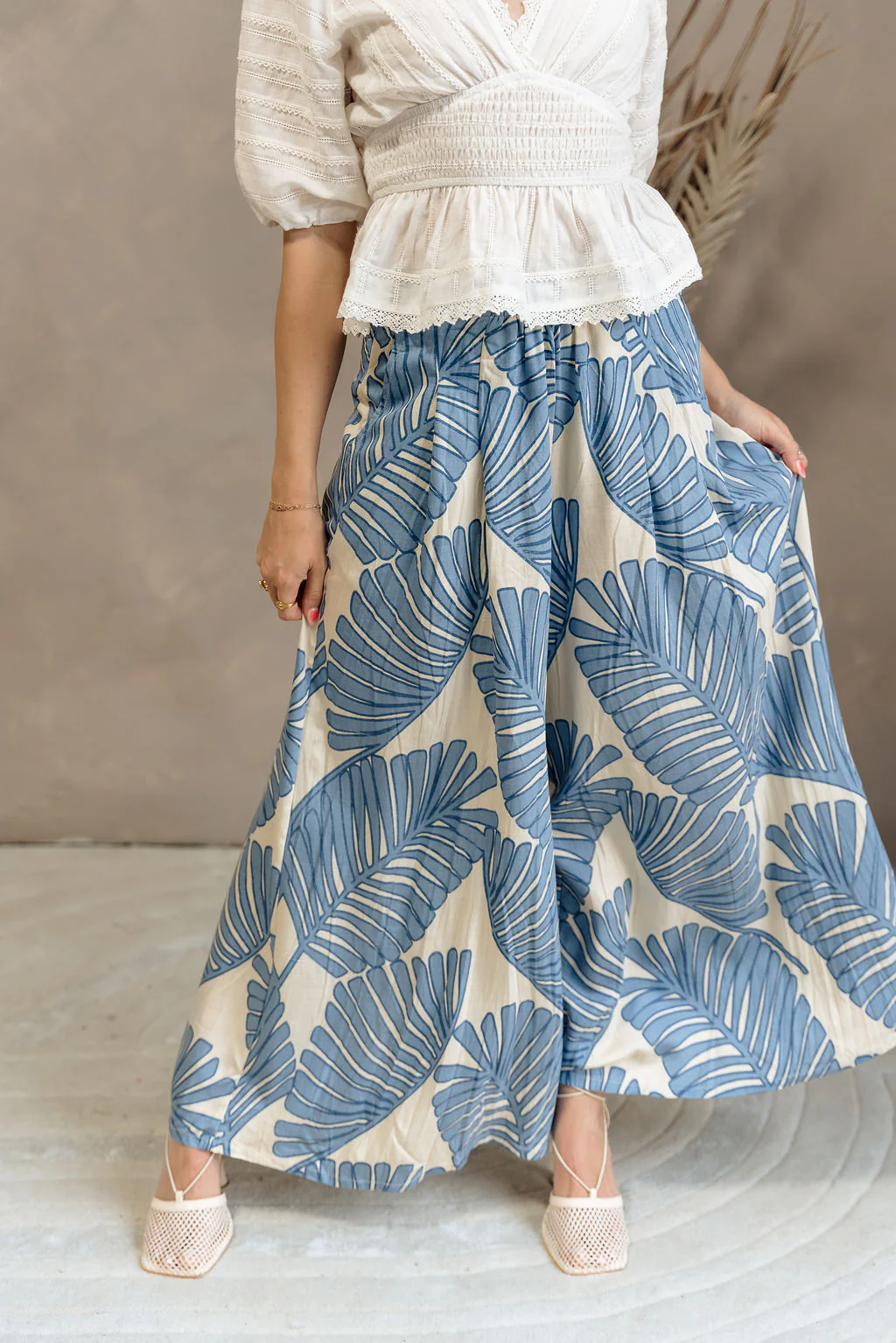 Blair Blue & Cream Palm Leaf Wide Leg Pants - Image 6