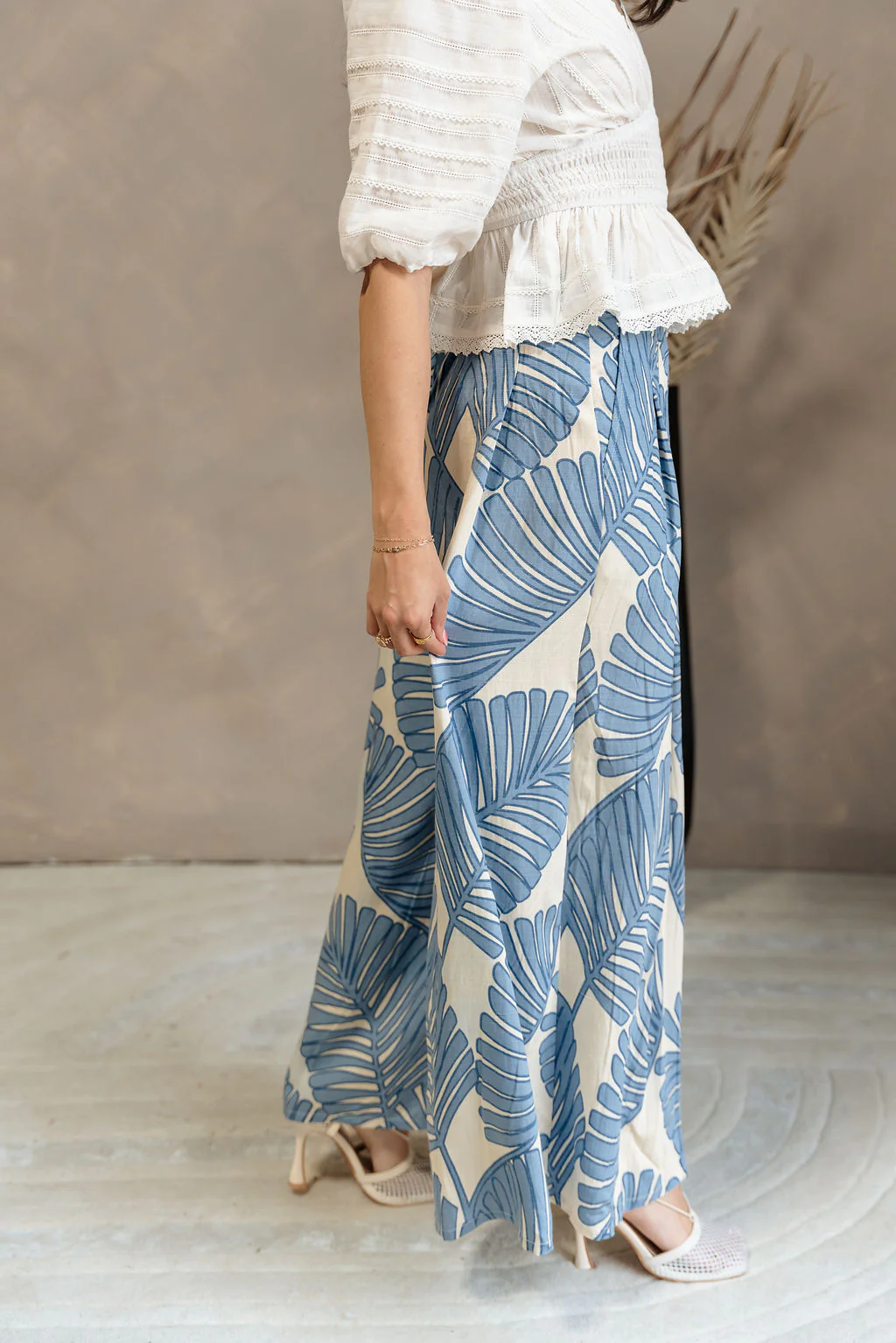 Blair Blue & Cream Palm Leaf Wide Leg Pants - Image 7