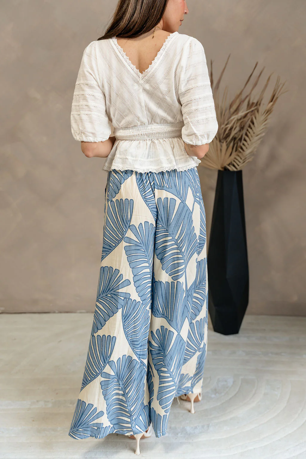 Blair Blue & Cream Palm Leaf Wide Leg Pants - Image 8