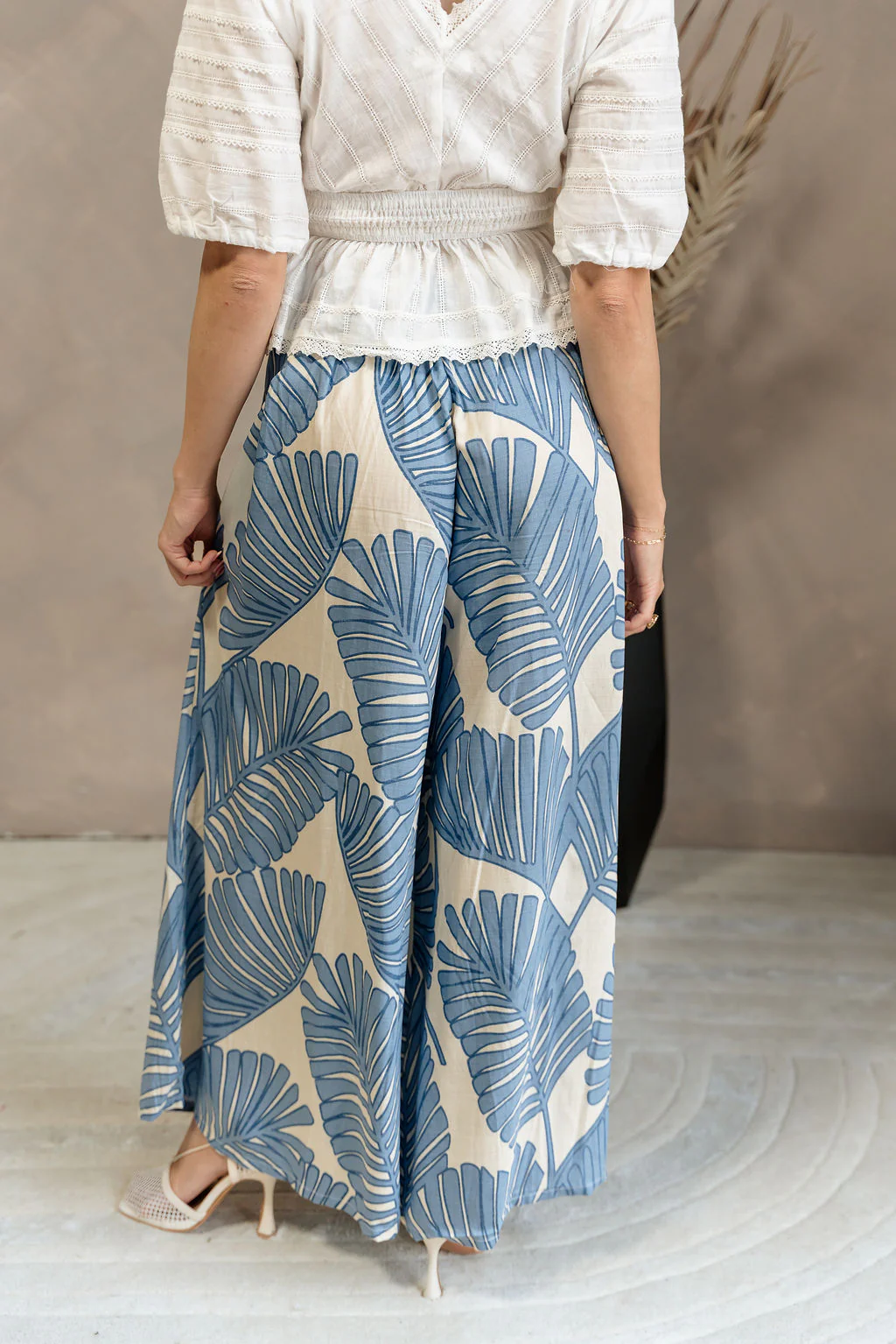 Blair Blue & Cream Palm Leaf Wide Leg Pants - Image 9
