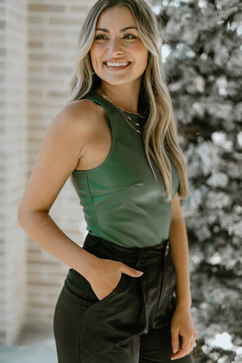 Blaire Faux-Leather Bodysuit in Green - Image 4