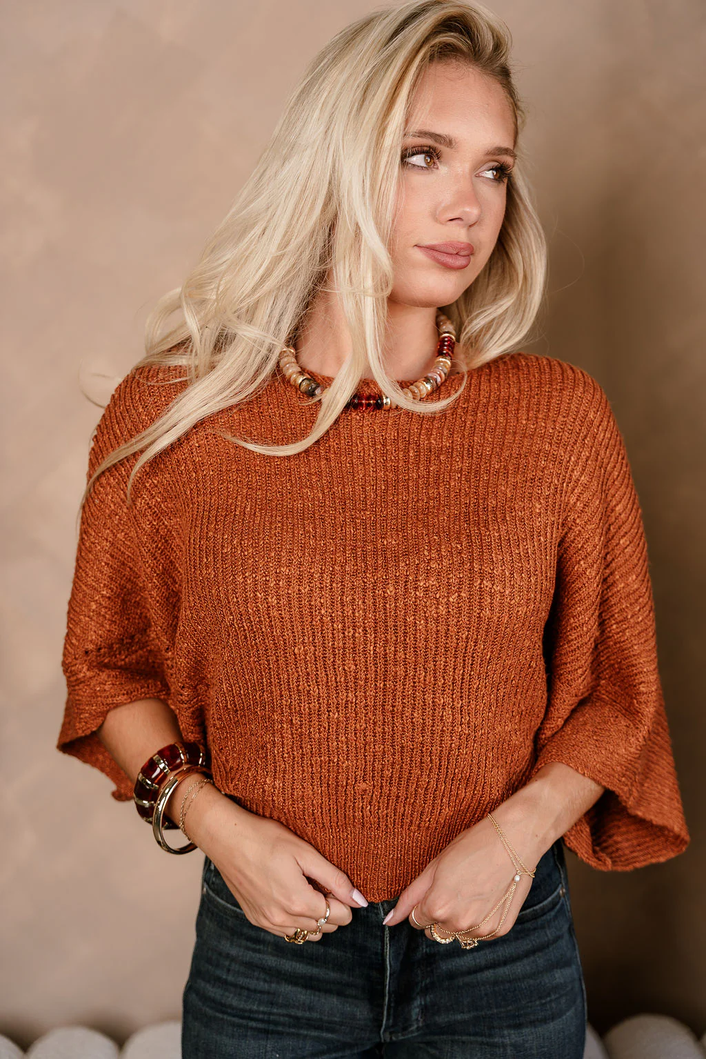 Blaire Rust Brown Knit Short Sleeve Sweater - Image 2