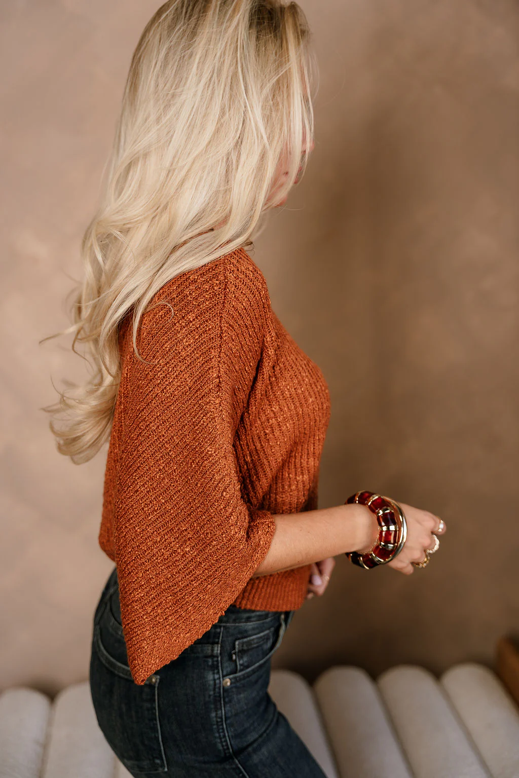 Blaire Rust Brown Knit Short Sleeve Sweater - Image 3