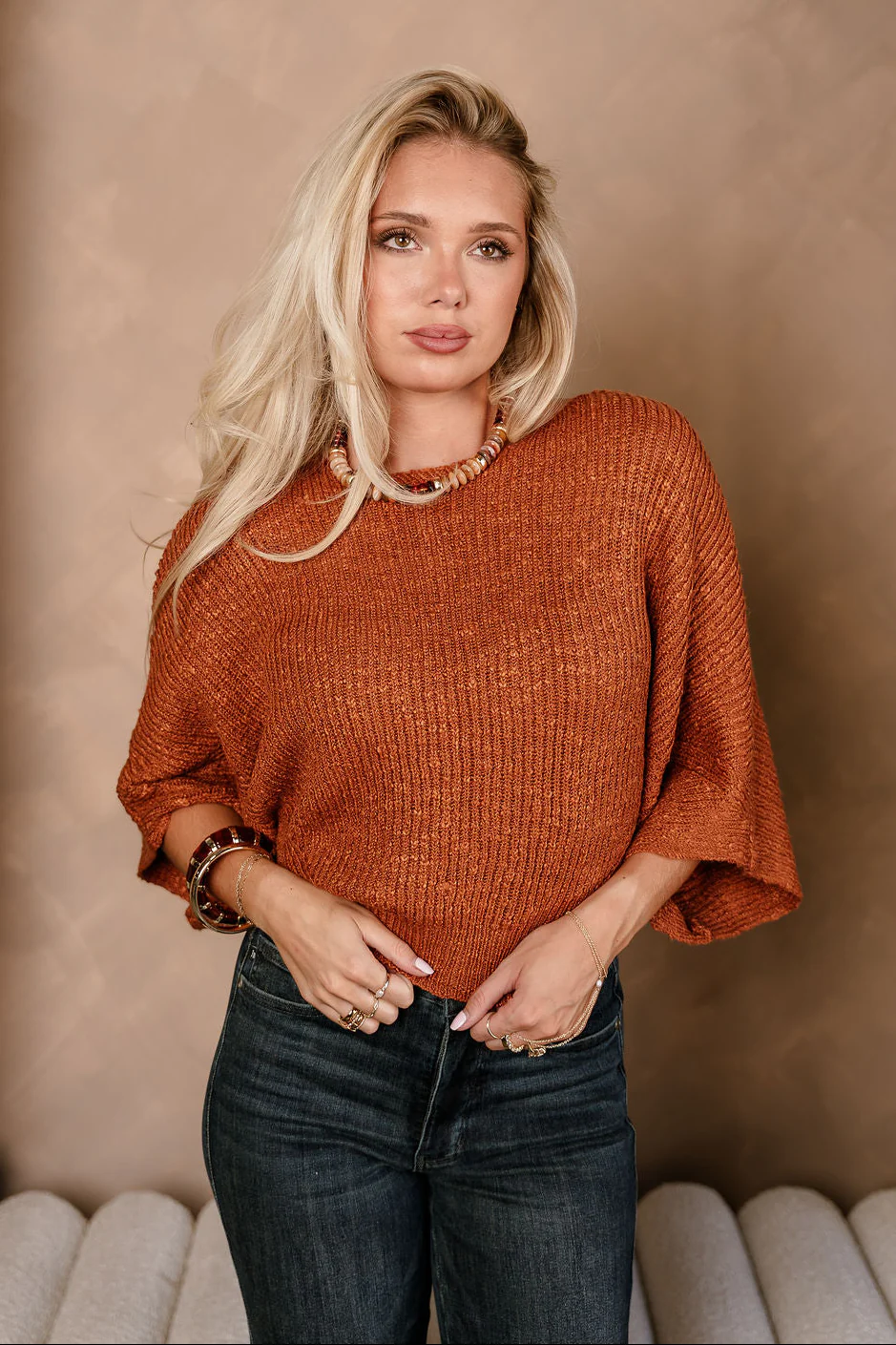 Blaire Rust Brown Knit Short Sleeve Sweater - Image 5
