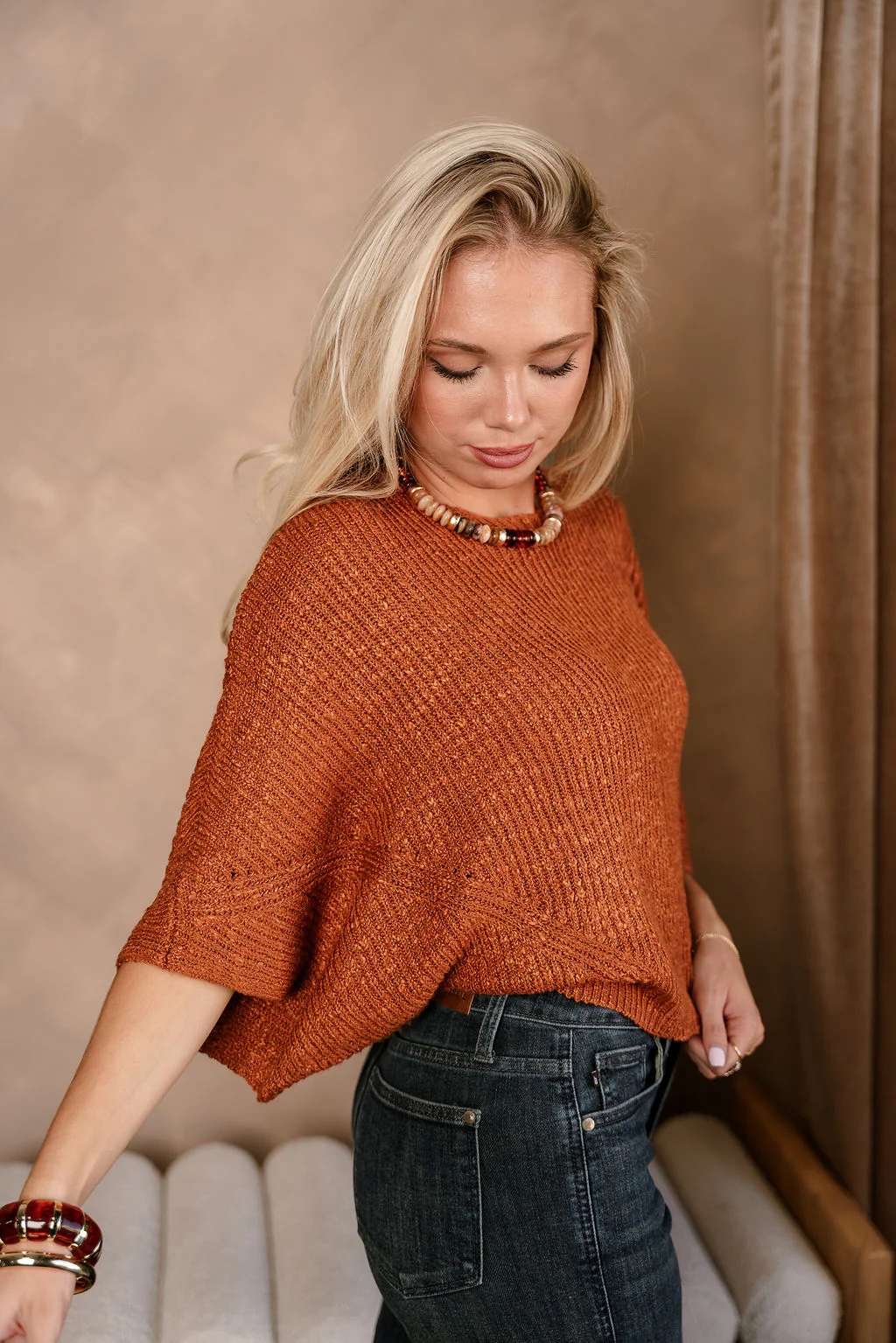 Blaire Rust Brown Knit Short Sleeve Sweater - Image 7