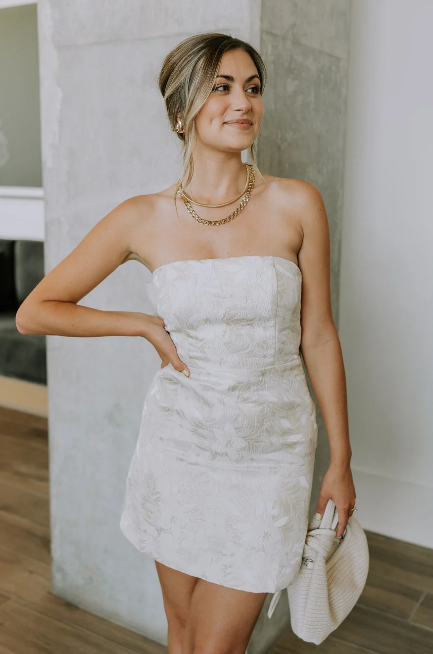 Blakely Ivory & Gold Floral Bow Mini Dress