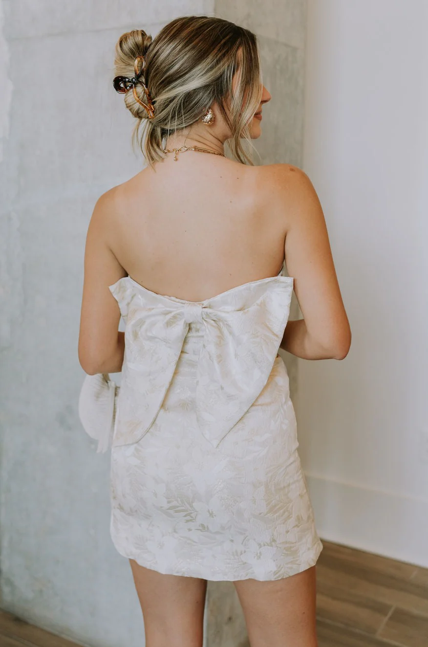 Blakely Ivory & Gold Floral Bow Mini Dress - Image 3