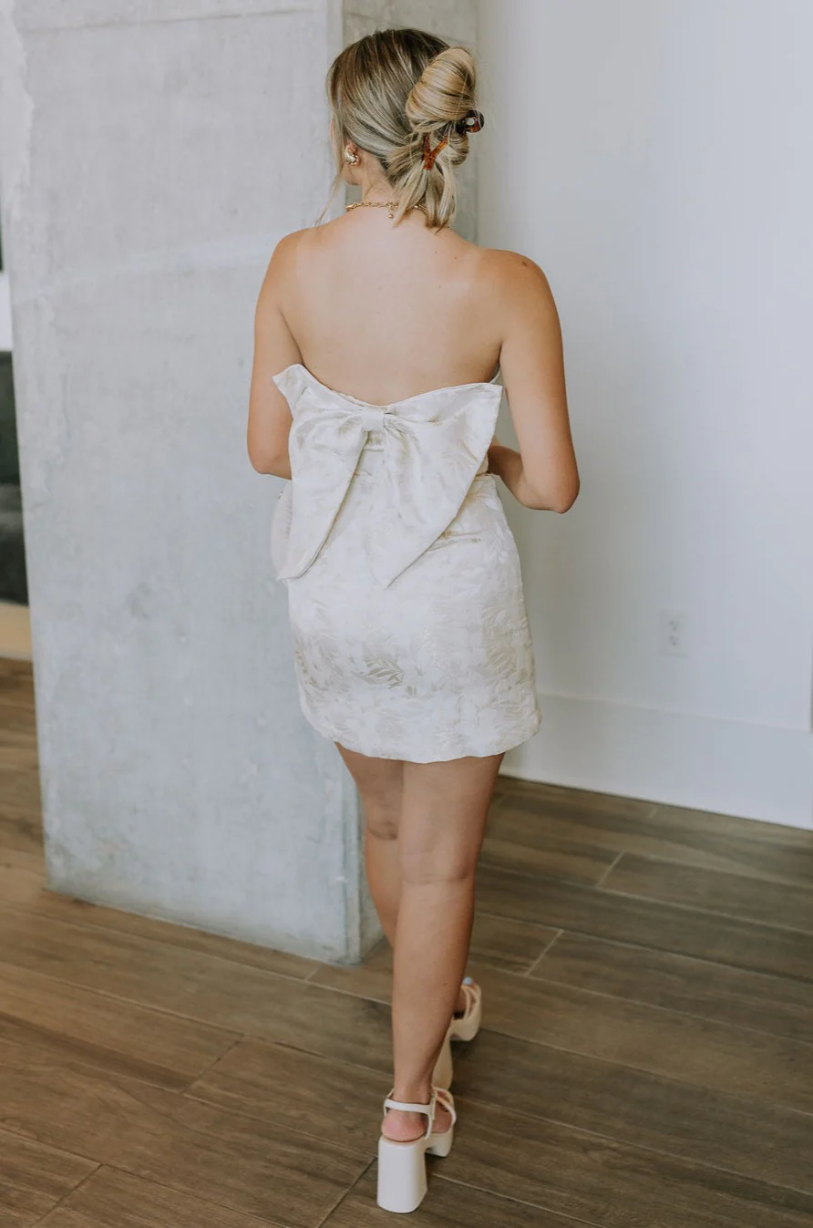Blakely Ivory & Gold Floral Bow Mini Dress - Image 4