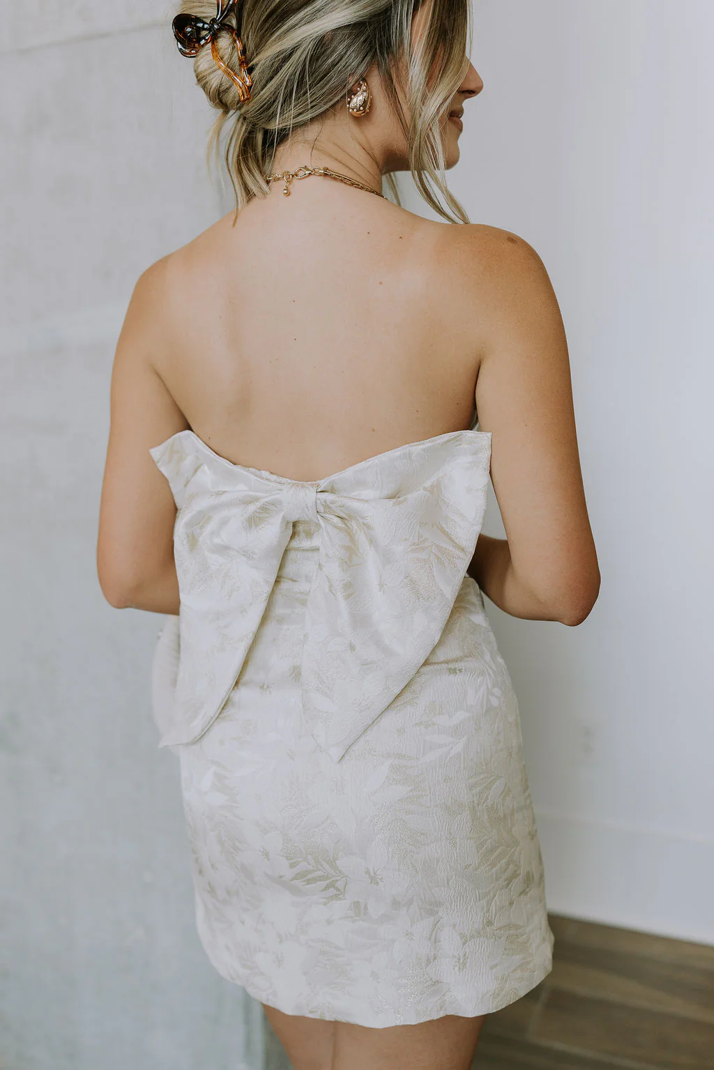 Blakely Ivory & Gold Floral Bow Mini Dress - Image 9