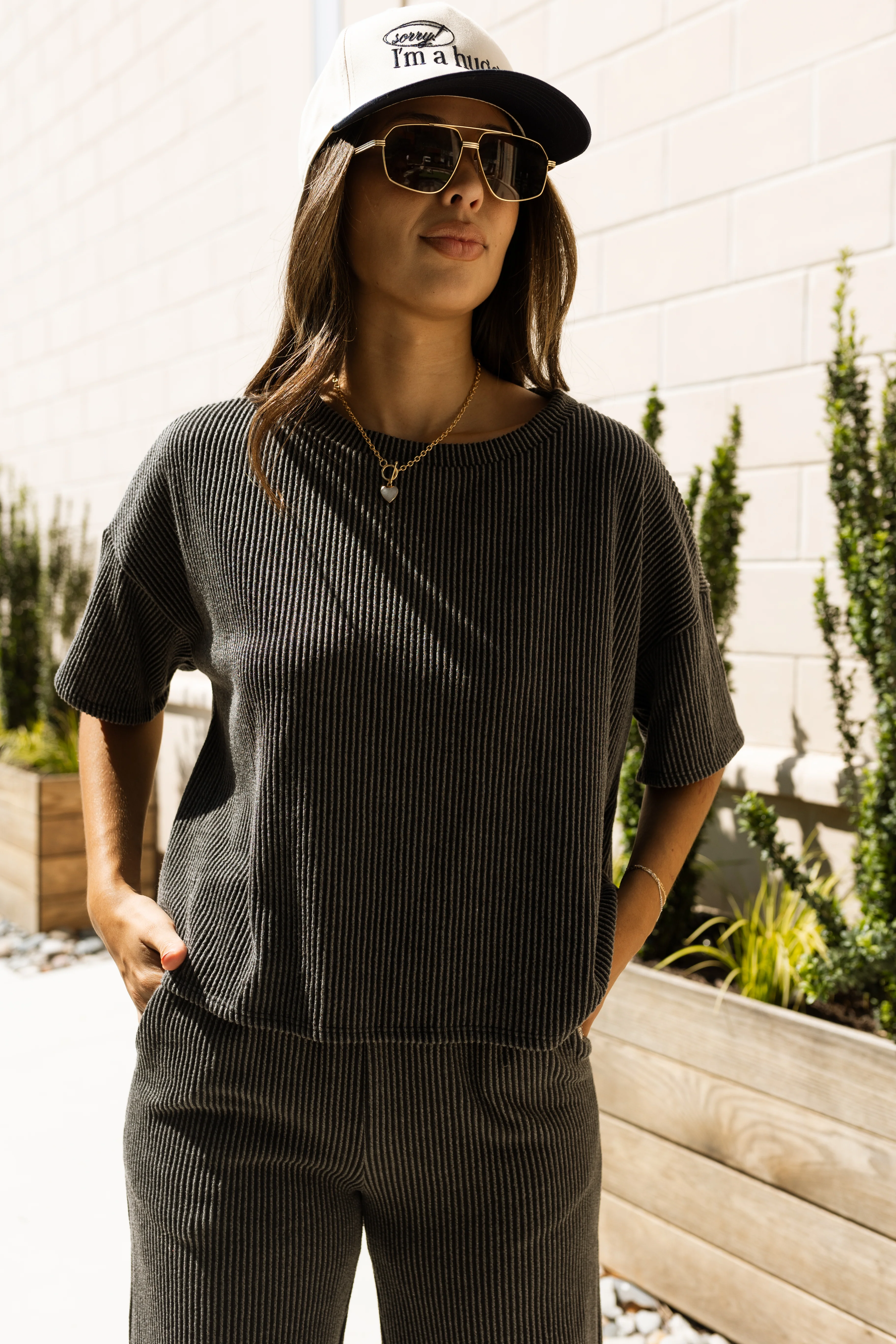 Blayke Charcoal Ribbed Short Sleeve Top - Image 2
